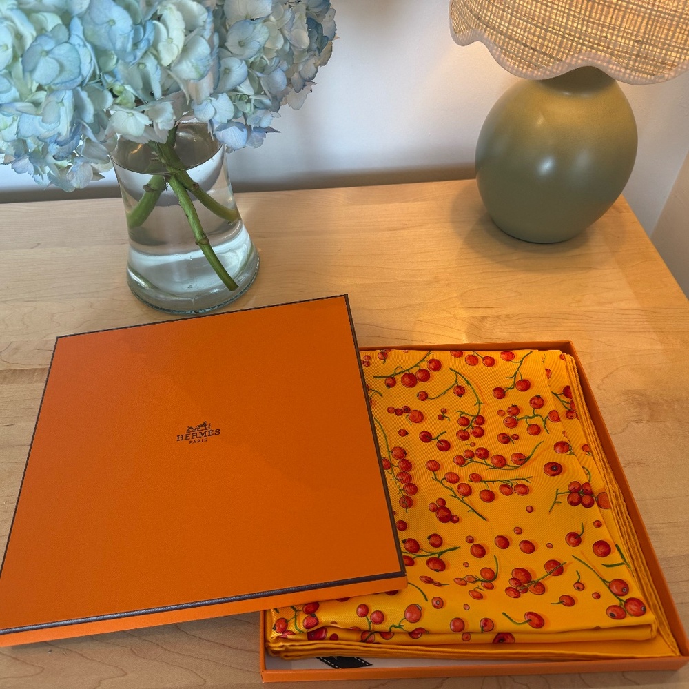 Authentic Hermes "Red Berries" Silk Scarf 90cm